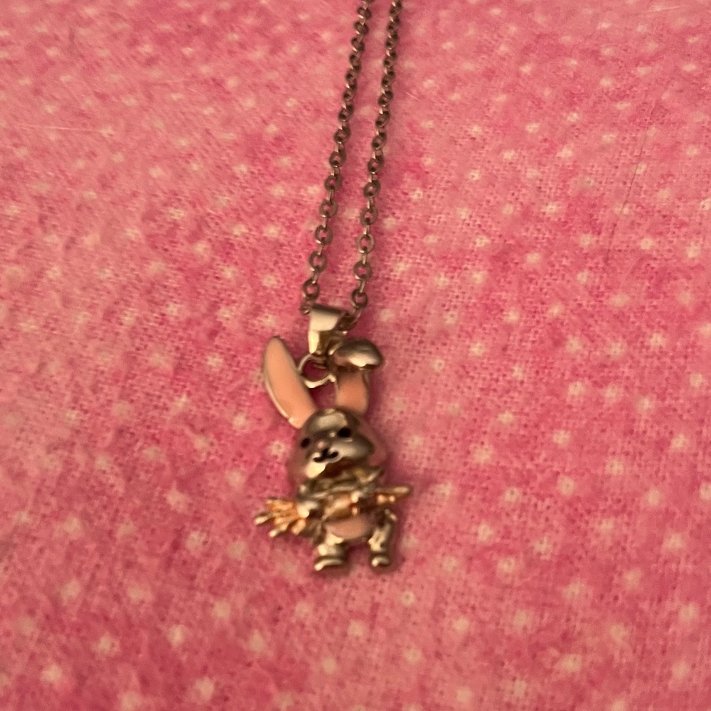 Charming Bunny Silver Pendant Necklace; Bunny has pink on ears and tummy. 🥕 too!